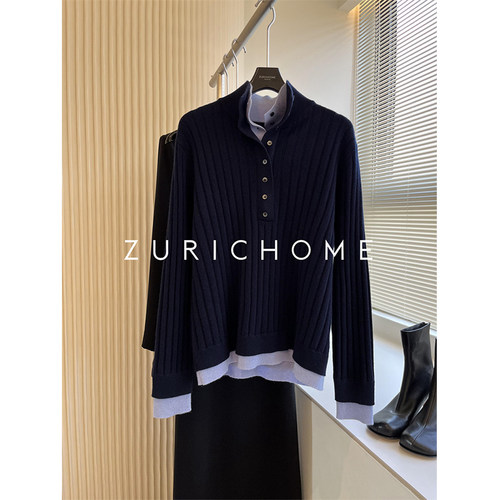 假两件双层领坑条羊毛V领针织衫