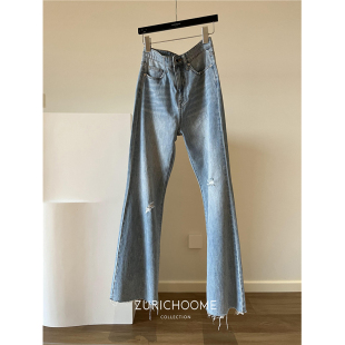 孤洋气后开叉 不规则破洞 大厂水洗 柔软面料 开叉高腰牛仔喇叭裤