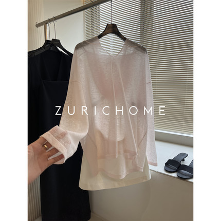 ZURICH HOME 休闲庸懒自在透气宽松休闲轻薄微透连帽亚麻防晒罩衫