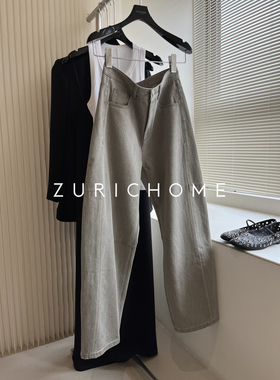 孤ZURICH HOME 洋气复古 松弛 水洗做旧灰绿色 休闲弧形牛仔裤