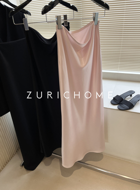 ZURICH HOME 优雅大气重工重料 侧开叉缎面醋酸长款半裙 内衬真丝