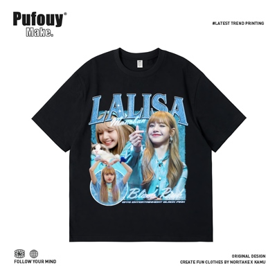 BlackPink LISA美式复古印花T恤男女街头宽松纯棉休闲百搭短袖潮