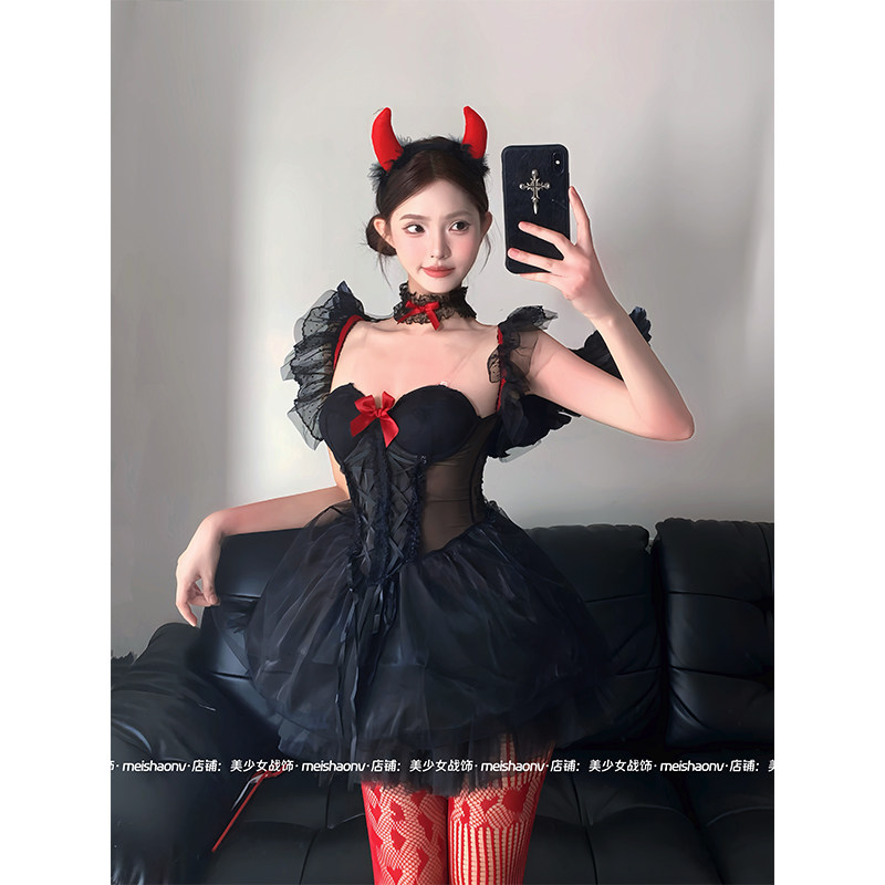 万圣之夜 cos小恶魔魔法纯欲蕾丝镂空收腰花边低胸辣妹黑色蓬蓬裙图片