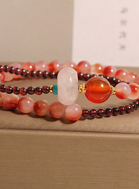 天然石榴石手链女轻奢小众飘花玉髓双圈叠戴平安扣手串高级感手饰