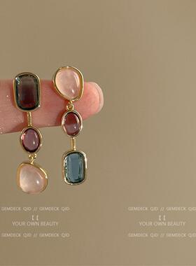 S925银针法式复古不对称撞色耳环轻奢小众网红同款猫眼石耳钉耳饰