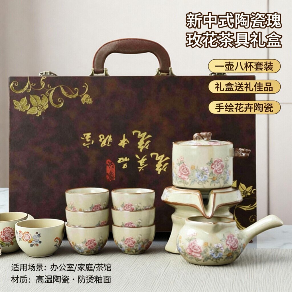 新中式陶瓷玫瑰花茶壶公道杯一壶八杯功夫茶具礼盒装