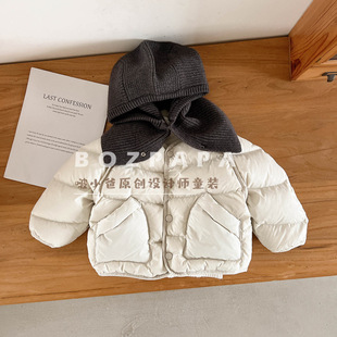 2025冬季新款男童休闲外套儿童宝宝大口袋圆领帽子可拆保暖羽绒服