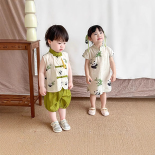 中国风兄妹装儿童夏季套装男童夏装姐弟女童旗袍宝宝洋气表演服