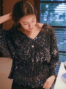 晚会聚会Bulingling闪亮亮片重工刺绣V领收腰长袖百搭上衣衬衫