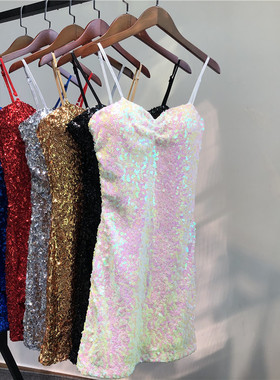 彩白色亮片美背吊带连衣裙女性感收腰包臀裙闪闪夜店女装新款礼服