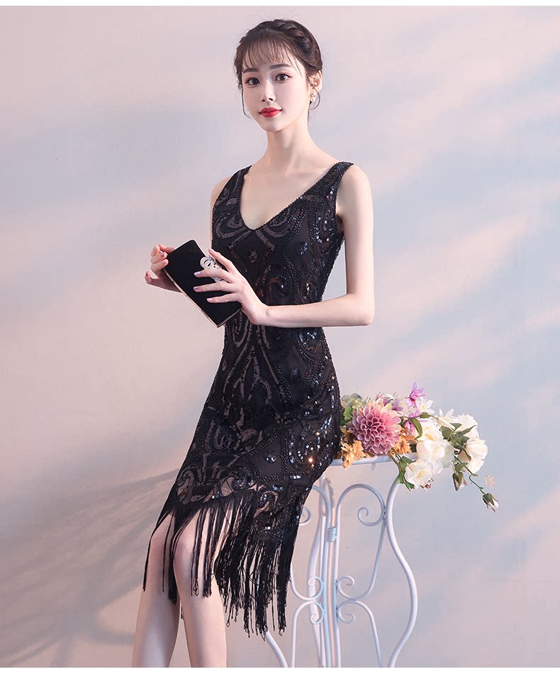 韩版亮片晚礼服女新款宴会派对气质性感名媛聚会流苏连衣裙中长款