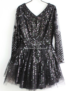 春夏宴会新款重工长袖蕾丝亮片雪纺连衣裙生日聚会伴娘礼服裙