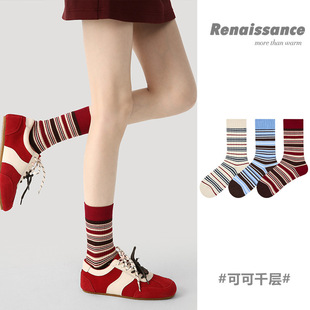 Renaissance袜子女ins潮秋冬新款 精梳棉双针拼色条纹简约中筒女袜