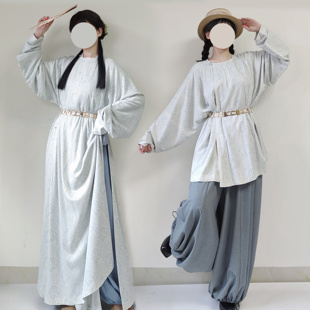 【观止织造｜微澜】唐制汉服元素圆领袍圆领袄灯笼裤蓝色天丝日常