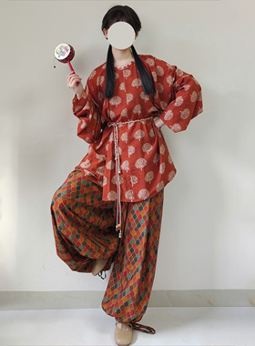 【观止织造｜绛草】唐制汉服圆领衫灯笼裤印花红色宽松民族风日常