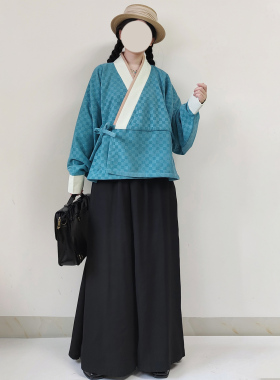 【观止织造｜镜河】晋制宋制汉服元素晋襦合裆裤蓝色格纹日常秋冬