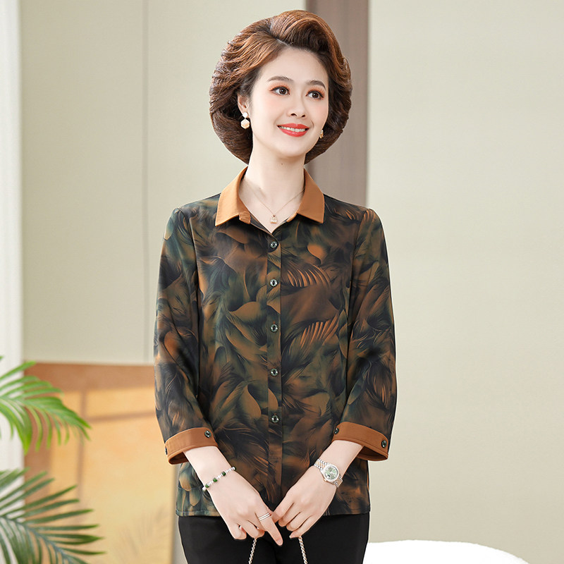 洋气雪纺衬衫上衣服长袖春夏衬衣妈中老年女士中年醋酸缎面仿真丝