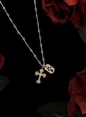 火焰军牌十字架吊坠百搭锁骨毛衣链
