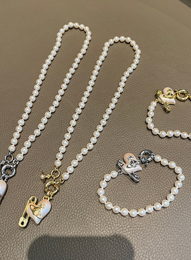 爱心别针珍珠项链金色银色沉甸甸手感小众时髦
