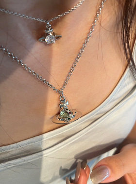 中号薄荷绿orb项链立体土星链条镶钻星球飞行士时尚