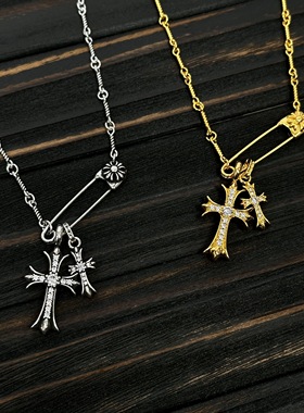 竹节链做旧别针双十字项链时尚百搭锁骨链