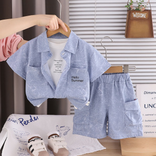 男童夏季短袖套装2026年新款宝宝夏装休闲薄款衬衫三件套