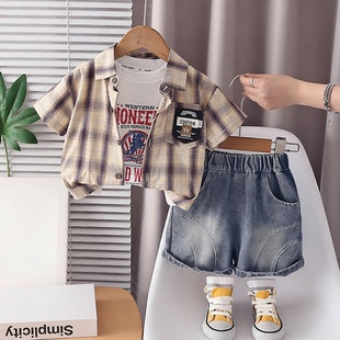 男童2026夏季短袖套装新款宝宝夏装休闲格子衬衫三件套潮流