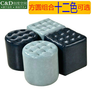 家用板凳客厅茶几矮凳方凳圆凳KTV凳试衣间皮墩换鞋 真皮皮凳子 凳