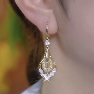 气质超闪金丝水晶水滴银耳环925纯银针时尚高级耳坠2026新款耳饰