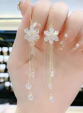 锆石花朵耳线银耳环9999纯银
