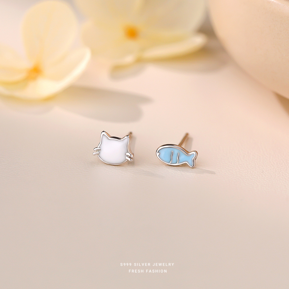 S999足银猫与鱼耳钉小众设计