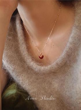 AO磨坊红色爱心项链女春夏高级感甜美轻奢小众锁骨链礼物