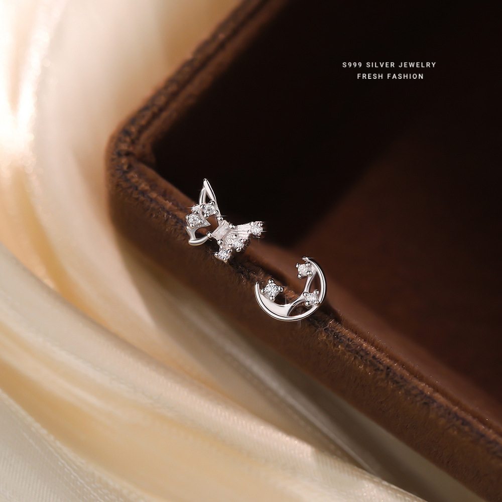 S999足银镂空蝴蝶月亮耳钉