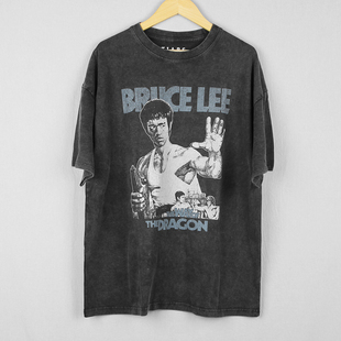 猛龙过江李小龙龙争虎斗水洗美式做旧复古纯棉宽松落肩短袖男T恤
