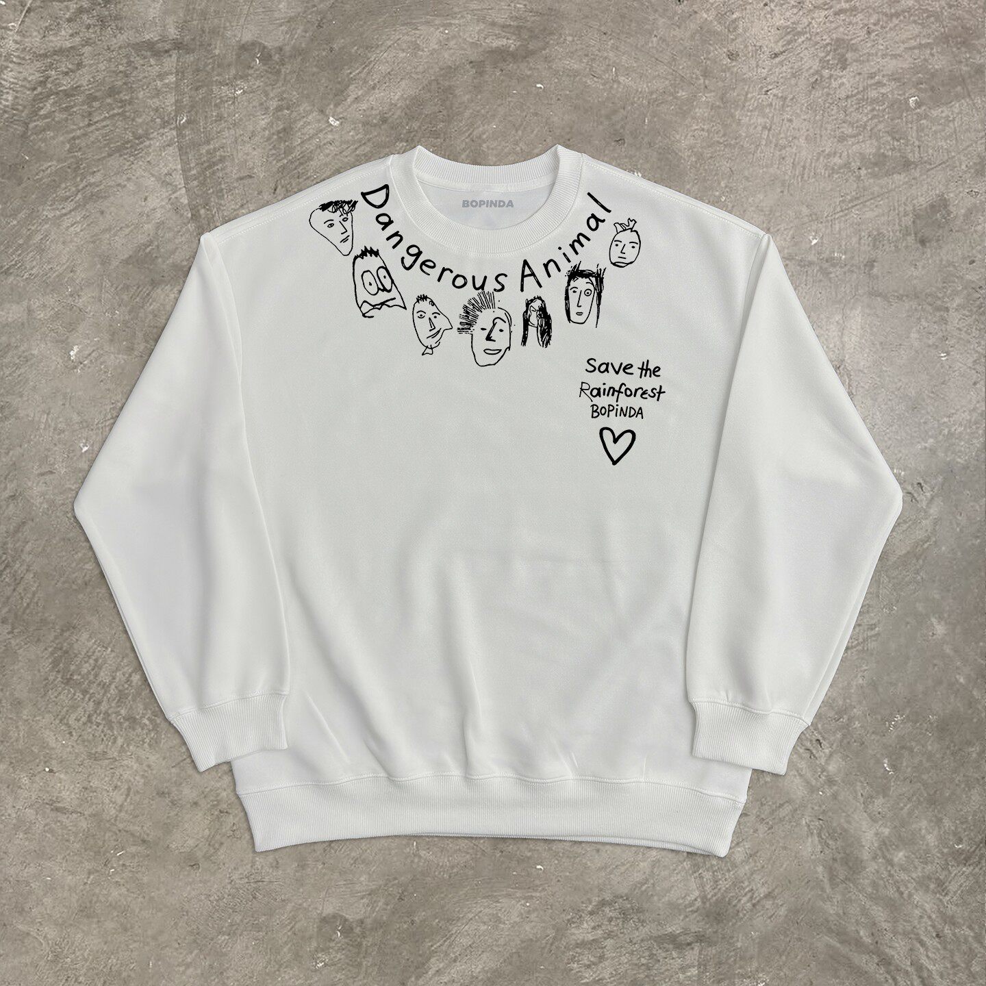 不谈钱只谈元新款麻灰色圆领卫衣男宽松潮流手绘趣味人脸涂鸦印花