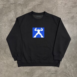 BOPINDA 麻灰色圆领卫衣男宽松套头蓝色方块运动人像印花 2026新款