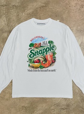BOPINDA美式复古Snapple果汁长袖T恤男280g重磅纯棉宽松水果印花