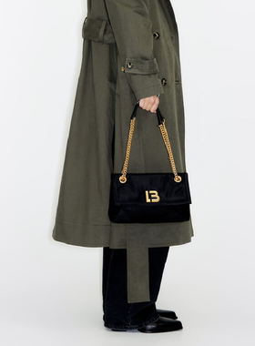 BIMBA Y LOLA西班牙专柜 黑色香槟色链条小香风 菱格纹翻盖单肩包