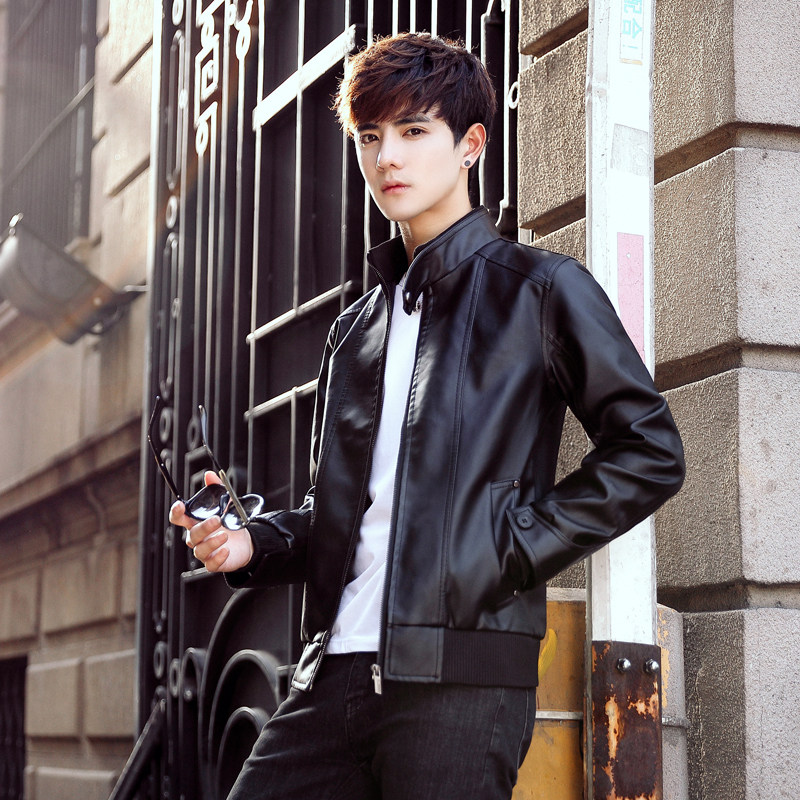 秋新款皮夹克韩版PU皮衣男装青少年修身机车皮外套潮薄9960-P60，男装皮衣，电商A128