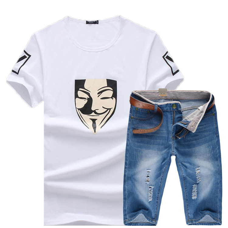 新款男T恤休闲牛仔短裤套装韩版修身套装307+K88-P35，男装套装，电商A128