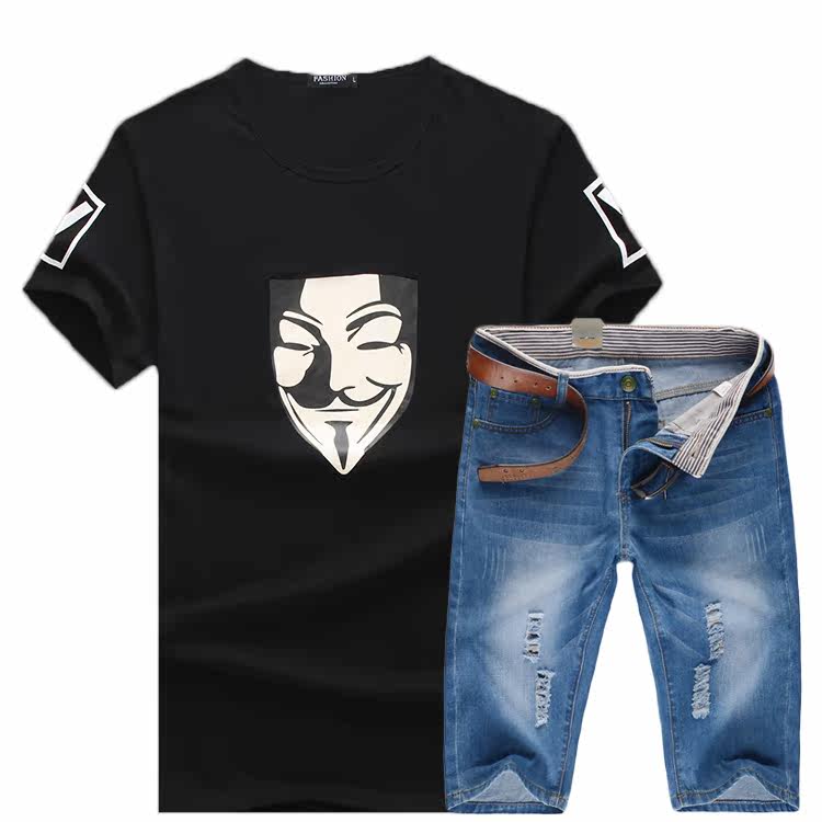 新款男T恤休闲牛仔短裤套装韩版修身套装307+K88-P35,男装休闲套装,电商A128