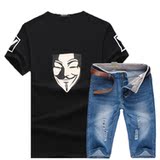 新款男T恤休闲牛仔短裤套装韩版修身套装307+K88-P35，男装套装，电商A128