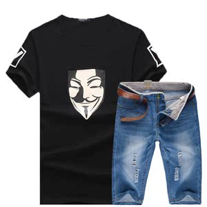 新款男T恤 休闲牛仔短裤套装 韩版修身套装307+K88-P35图片