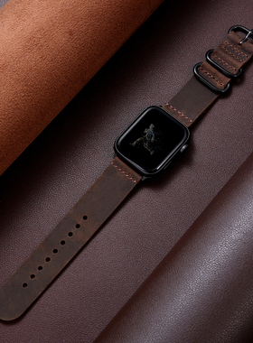 适用AppleWatchSeries10表带翻毛皮质疯马纹苹果手表iwatch表带男