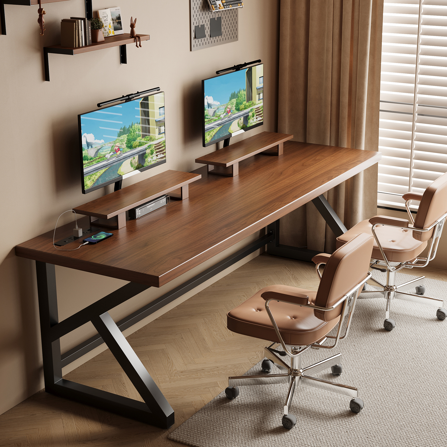 无框K字实木电脑桌家用双人书桌卧室长条桌办公桌电竞桌工作台