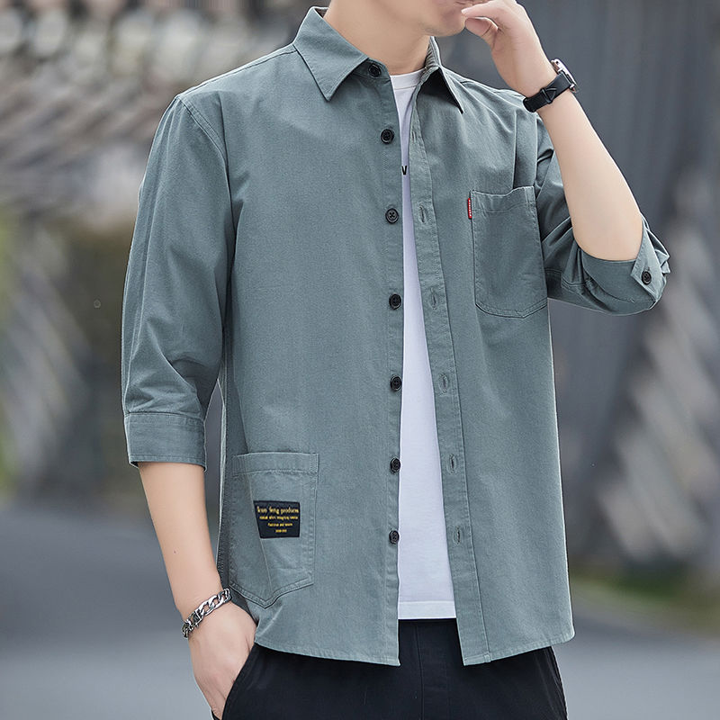 卡贝斯好衣郎伊异人奢凡鸟高档男士纯棉七分袖衬衫休闲百搭外套