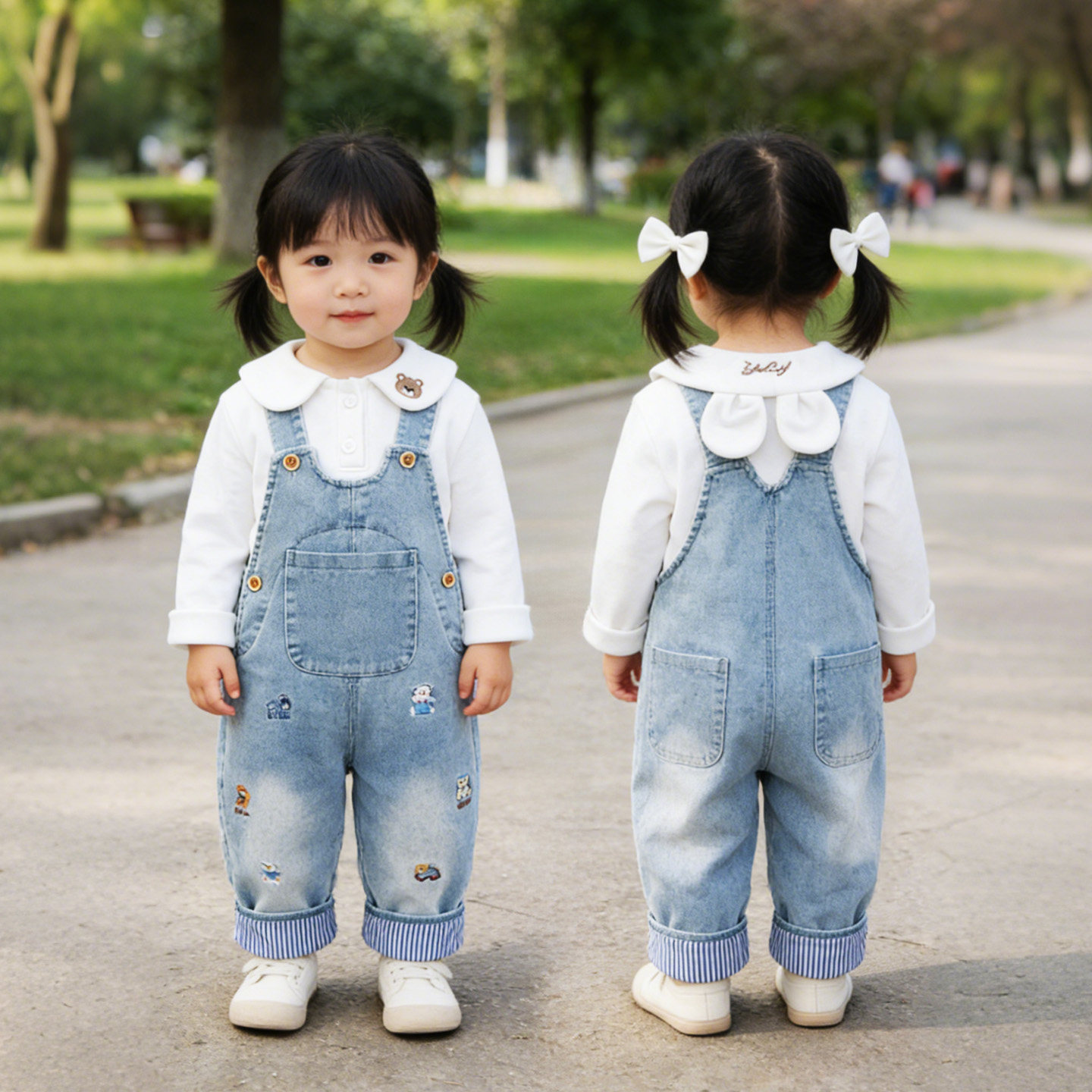 春季新款男女宝宝牛仔软弹力可开档儿童背带裤子1岁婴儿六只小熊