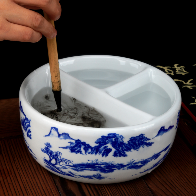 光祖陶瓷三格青花笔洗毛笔洗笔缸