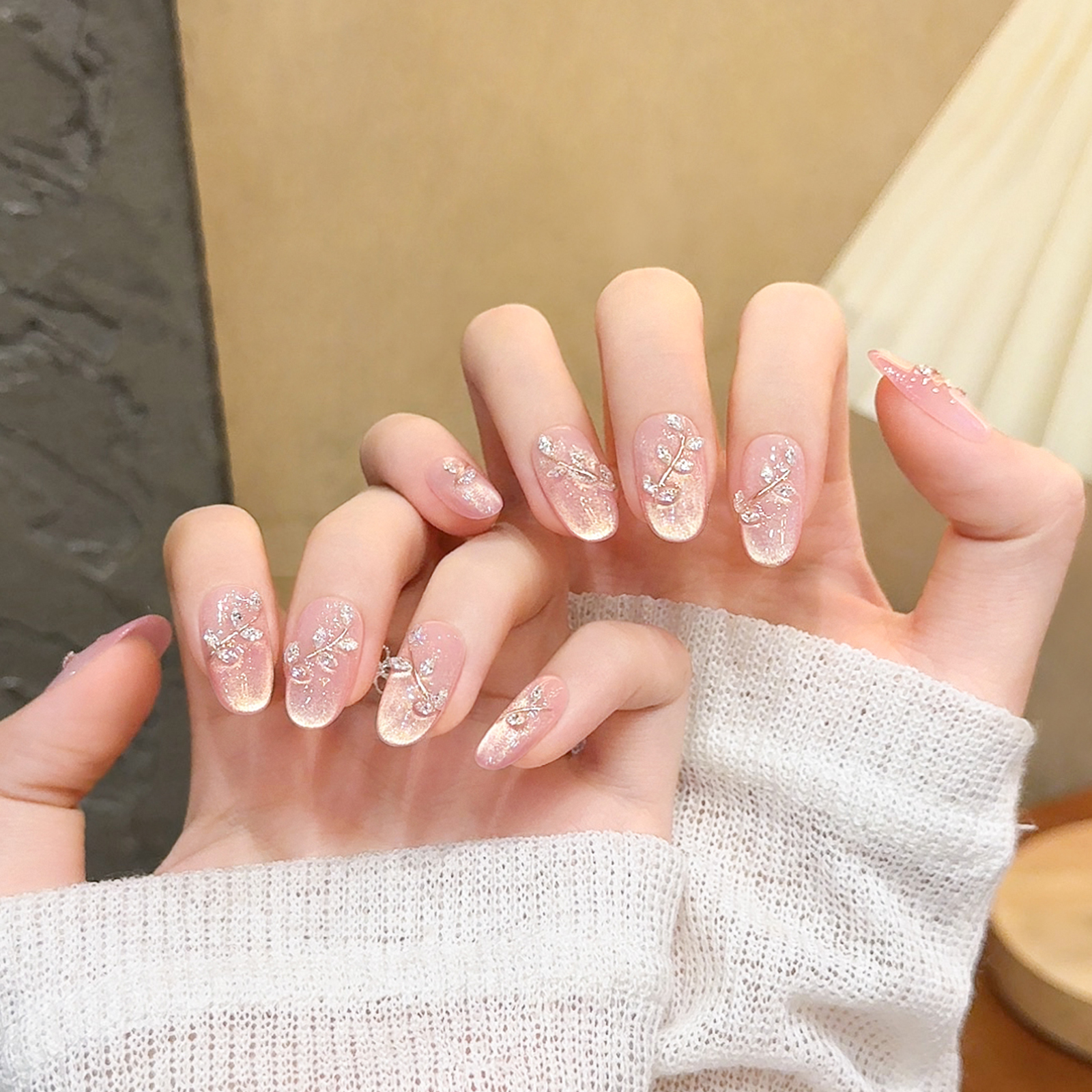 爆闪法式猫眼纯手工穿戴甲中长款