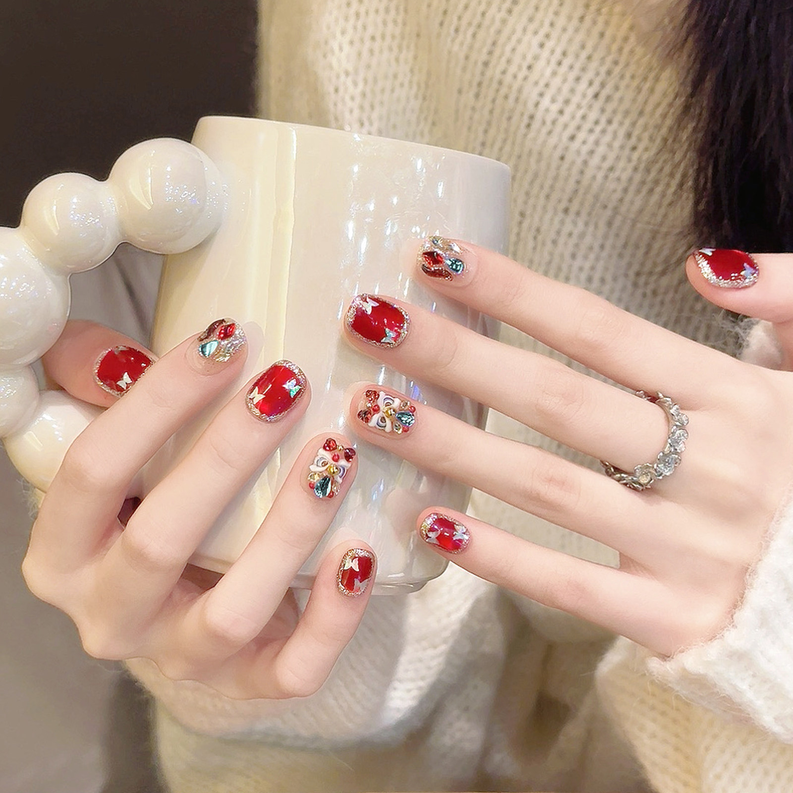 云皙红色系醒狮穿戴甲短款纯手工猫眼美甲2026年新款秋冬指甲贴片,彩妆/香水/美妆工具,穿戴甲/甲片,淘宝优惠券,粉丝福利购,淘宝优惠卷